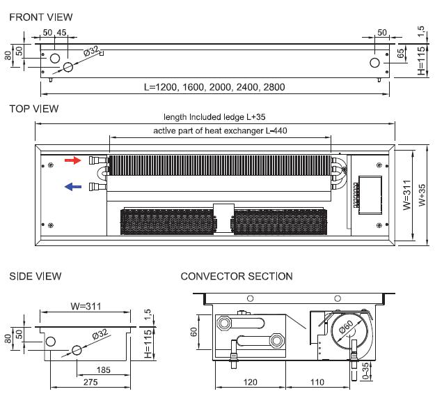 Convector de pardoseala Isan Practic FST40-11-2800 - Dimensiuni